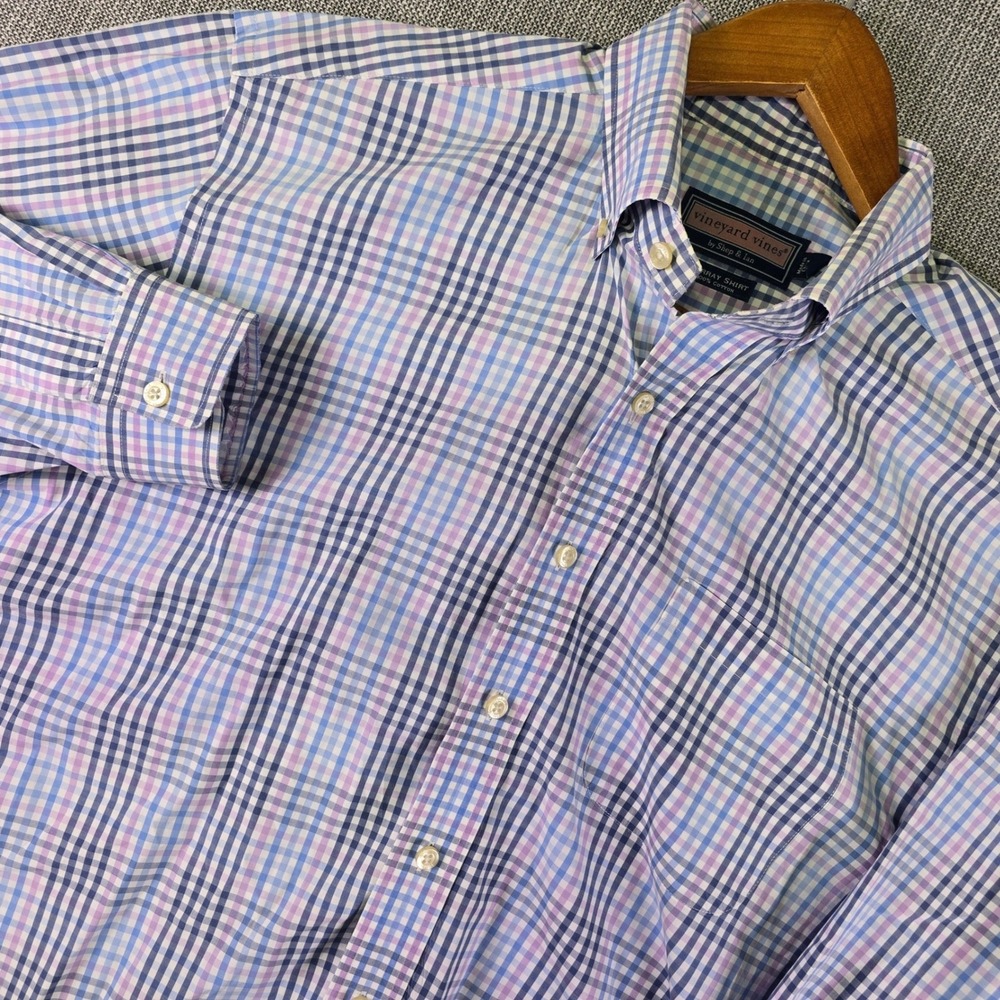 Vineyard Vines Murray Shirt Large Blue Pink Plaid Button Down Preppy